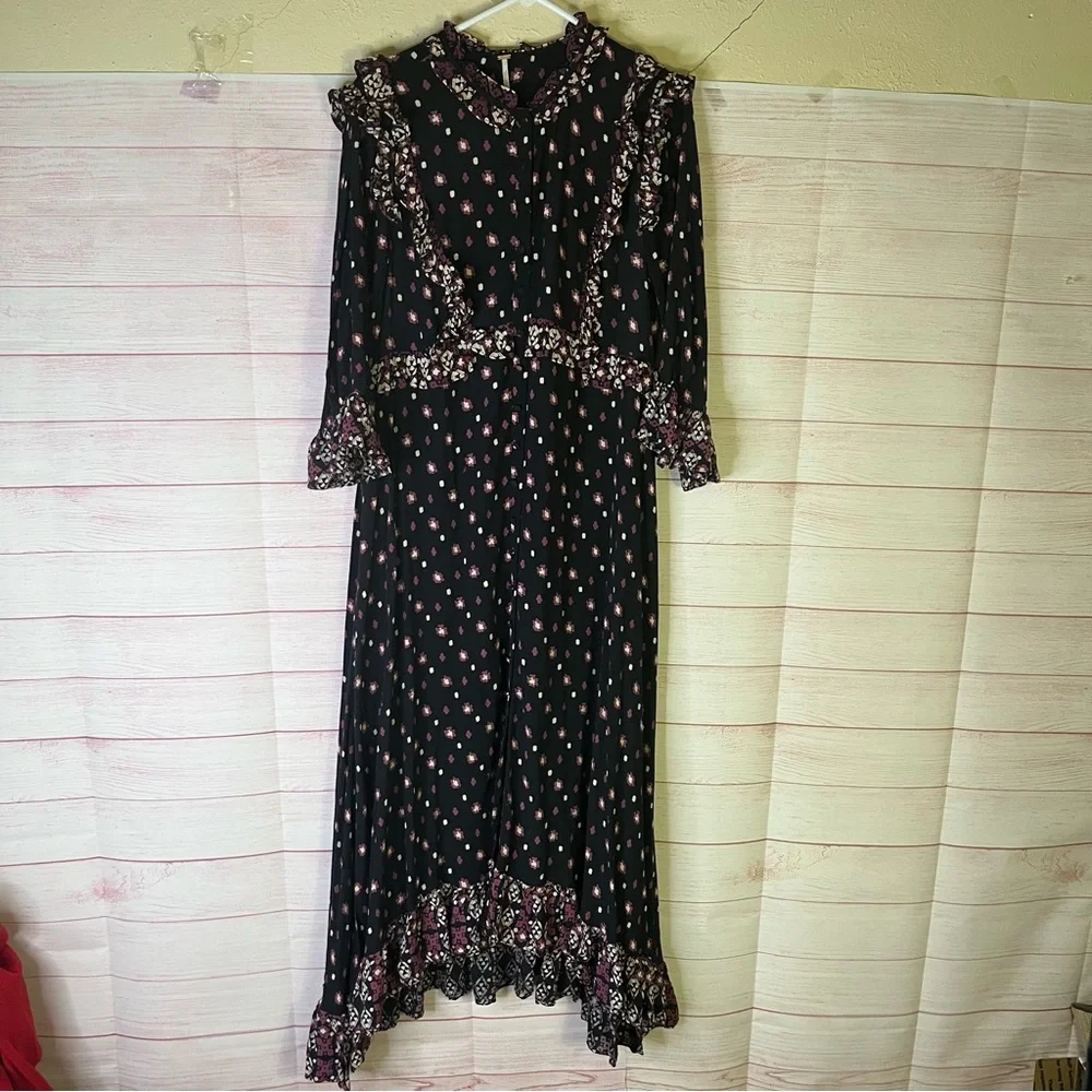 Free People Calico Skies Long‎ Sleeve Flowy Button Up Ruffle Dress Size Medium